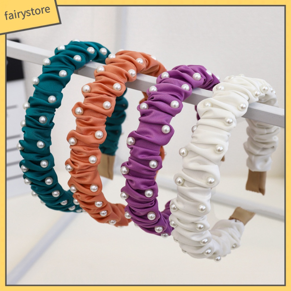 Băng Đô Bản Rộng Đính Ngọc Trai Nhân Tạo Chống Trượt Cho Nữ