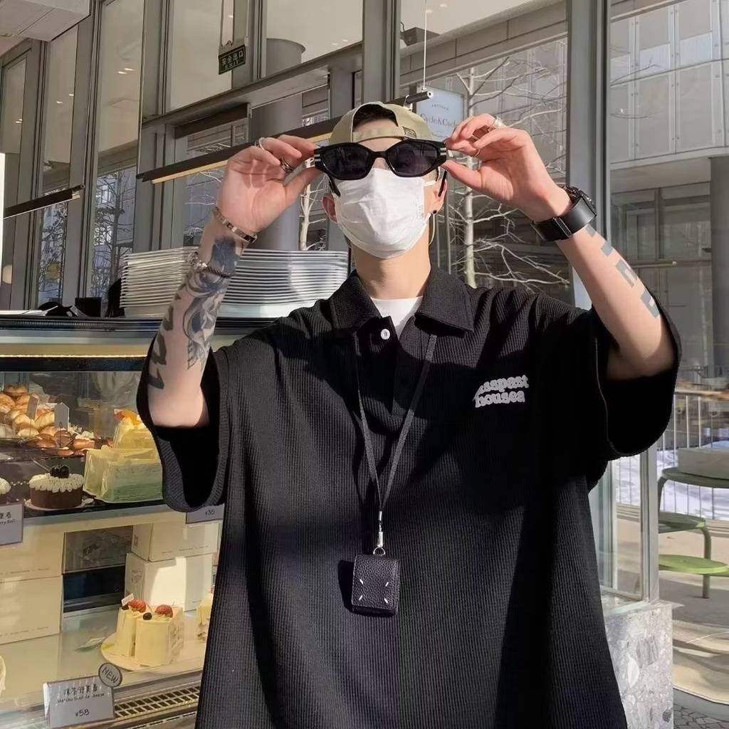 Áo Thun Polo Ngắn Tay Dáng Rộng Thêu Họa Tiết Đơn Giản Phong Cách Đường Phố Mỹ Thời Trang Mùa Hè Cho Nam