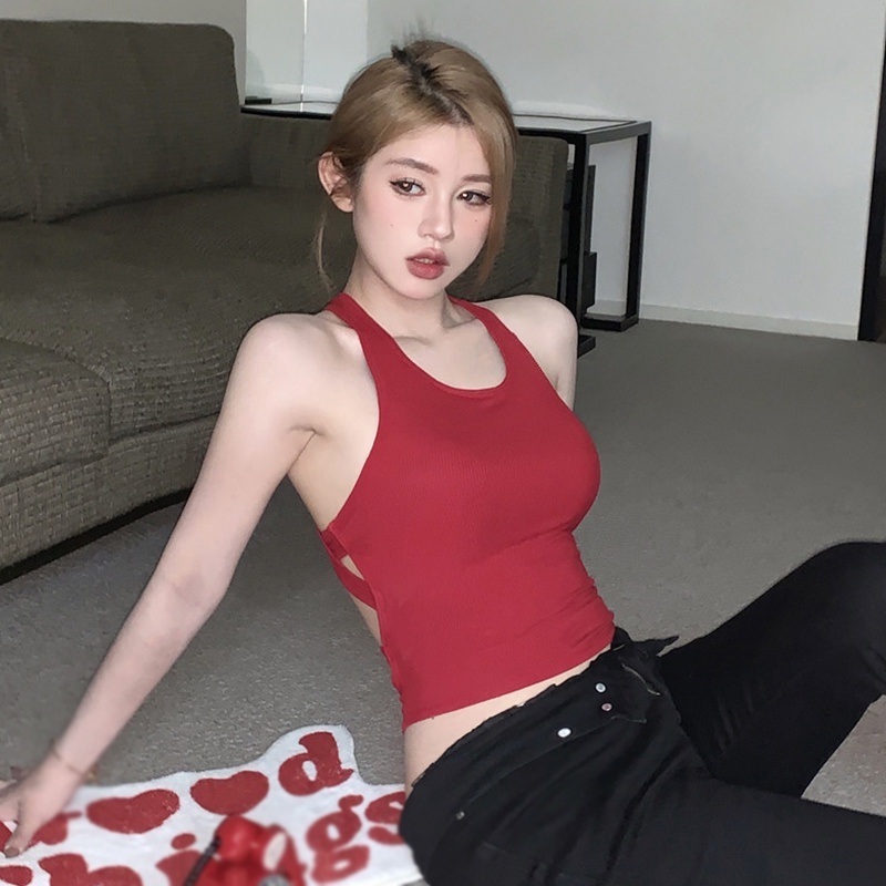 Áo Croptop Cotton Hai Dây Có Mút Đệm Ngực Hở Lưng Màu Trơn Phong Cách Mỹ Quyến Rũ Dành Cho Nữ