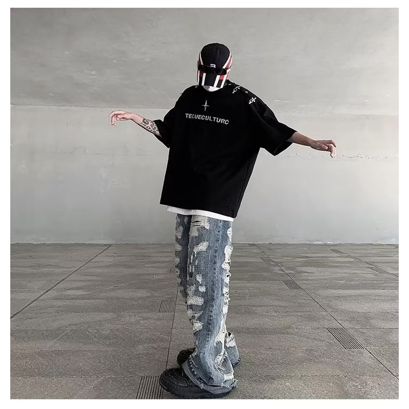 Áo Thun Tay Ngắn Phối Nút Kim Loại Nặng 320g Phong Cách Đường Phố Mỹ Cho Nam