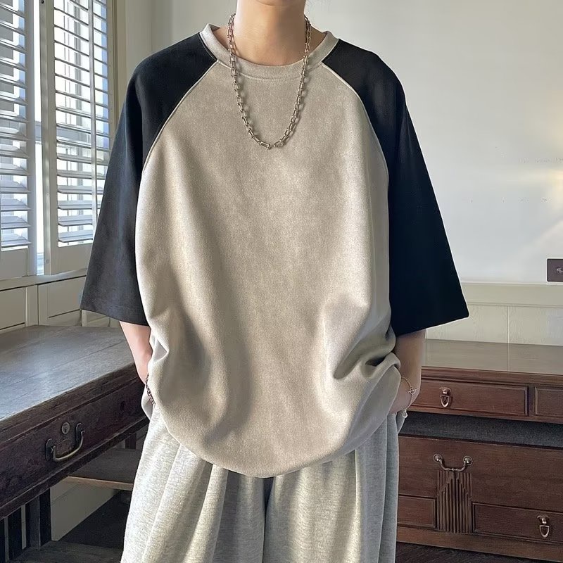 Áo Thun Da Lộn Tay Ngắn Dáng Rộng Màu Sắc Tương Phản Thời Trang Mùa Hè Cho Cặp Đôi