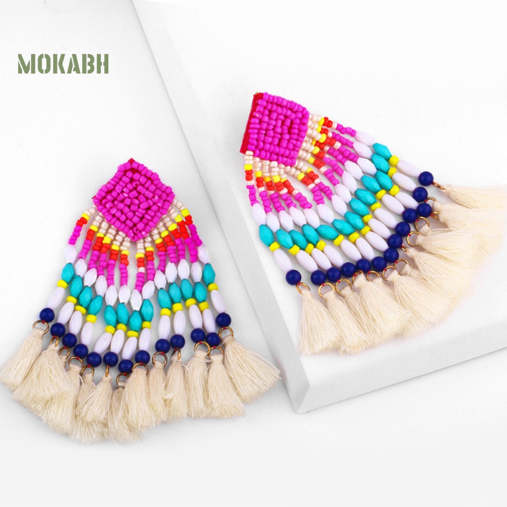 [Mok Abh] Bông Tai Tròn Đính Hạt Tua Rua Theo Phong Cách Du Mục