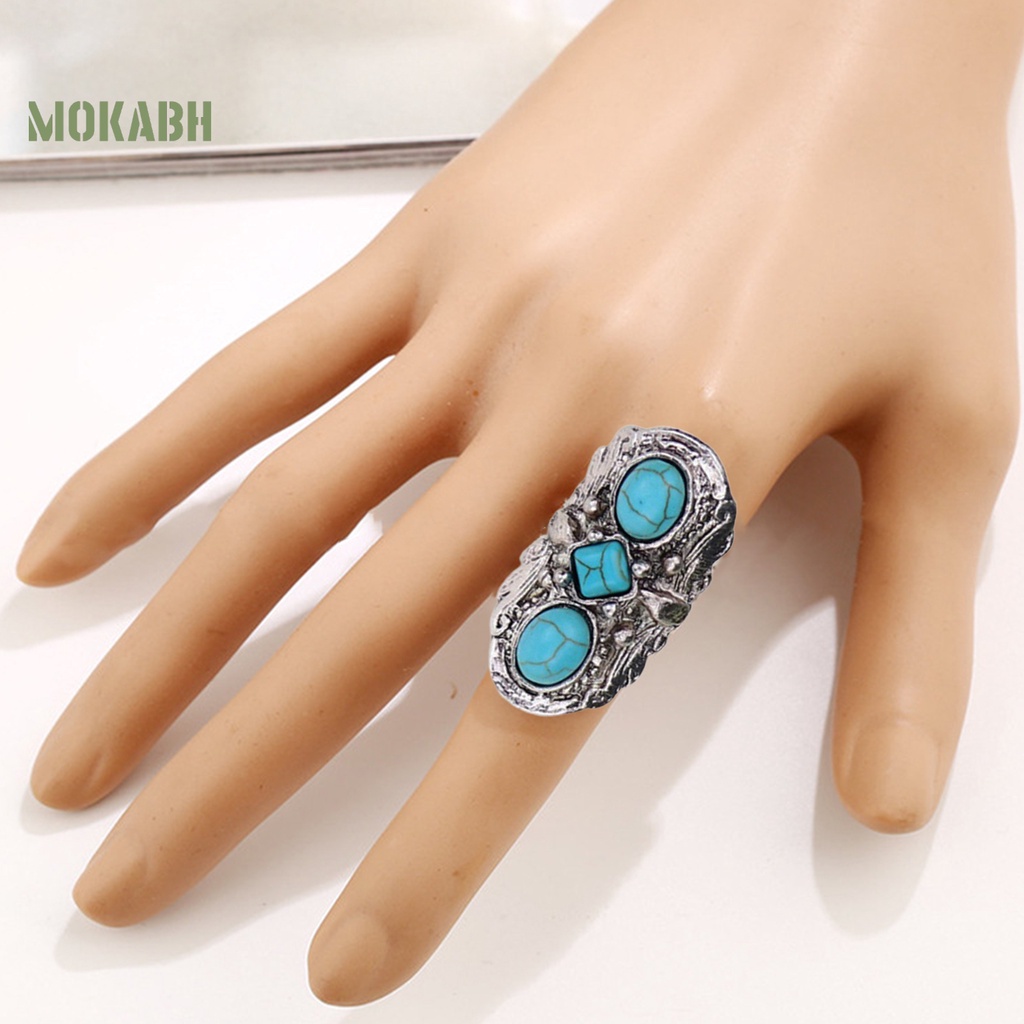 [Mok Abh] Nhẫn Hở Chạm Khắc Hoa Văn Đá Xanh Lá Phong Cách Bohemian Có Thể Điều Chỉnh Kích Thước