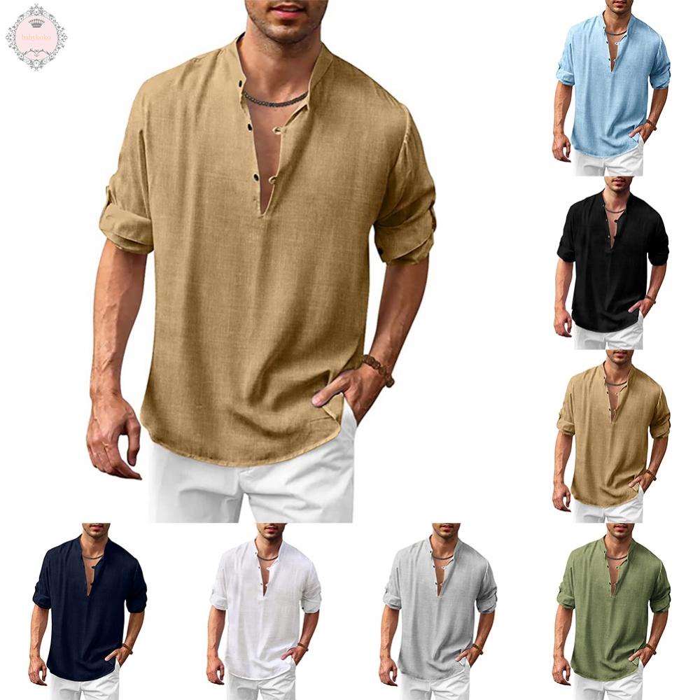 Comfortable Cotton Blend Men's Button Down Henley V Neck Long Sleeve Loose Shirt Tops