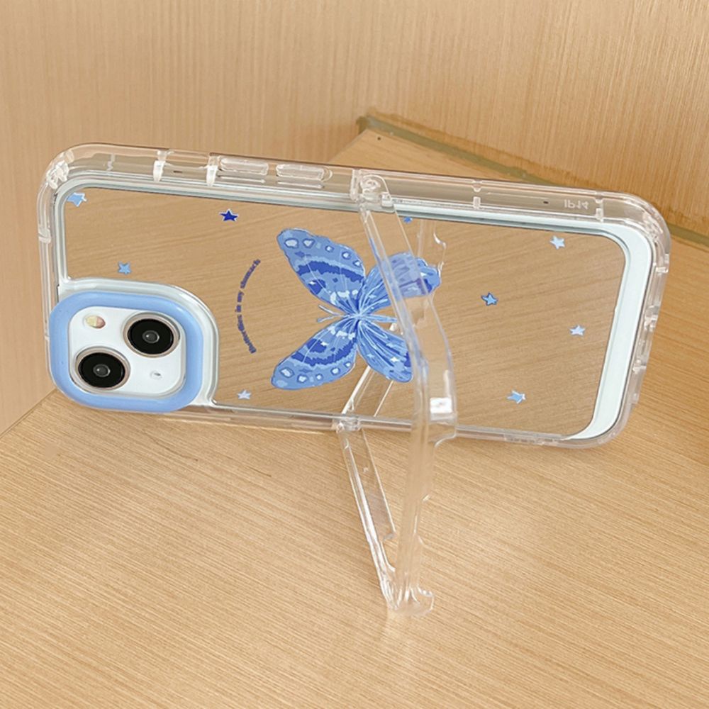 Ốp Điện Thoại TPU Mềm Tráng Gương Họa Tiết Bướm Xanh Dương Có Giá Đỡ Ẩn Cho IPhone 11 14 13 12 Pro Max