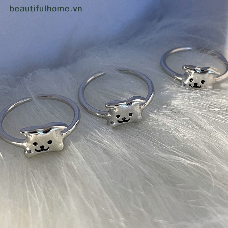 Nhẫn Dạng Mở Màu Bạc Họa Tiết Chú Chó Hoạt Hình Dễ Thương Có Thể Điều Chỉnh Cho Nữ
