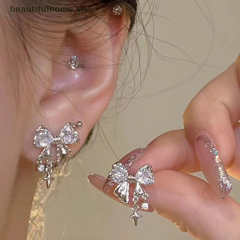 [beautifulhome] Bông Tai Đinh Tán Đính Đá Zircon Thắt Nơ Phong Cách Hàn Quốc Tinh Tế Làm Quà Sinh Nhật Cho Nữ [beauty]