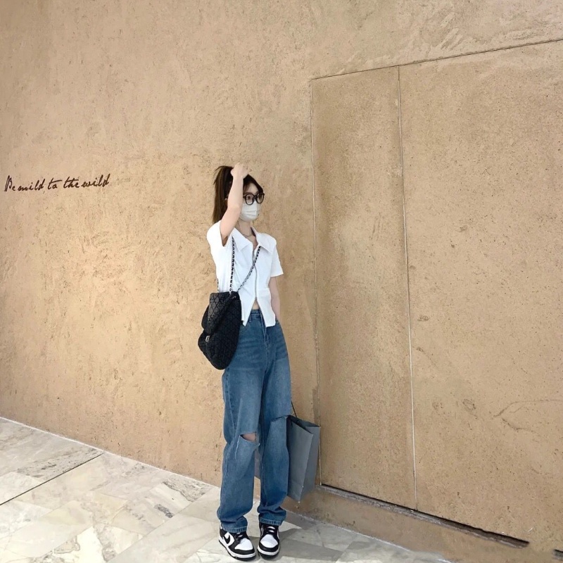 COZOK Áo polo Ngắn Tay Ôm Dáng Phối Khóa Kéo Lệch Cá Tính