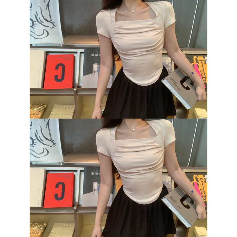 SUXI Set Áo Thun Ngắn Tay Cổ Vuông Và Chân Váy Chữ A Màu Sắc Đơn Giản