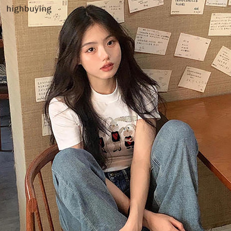 Áo Thun Lửng Ngắn Tay Cổ Tròn In Hình Thỏ Hoạt Hình Phong Cách Retro Mỹ Cho Nữ