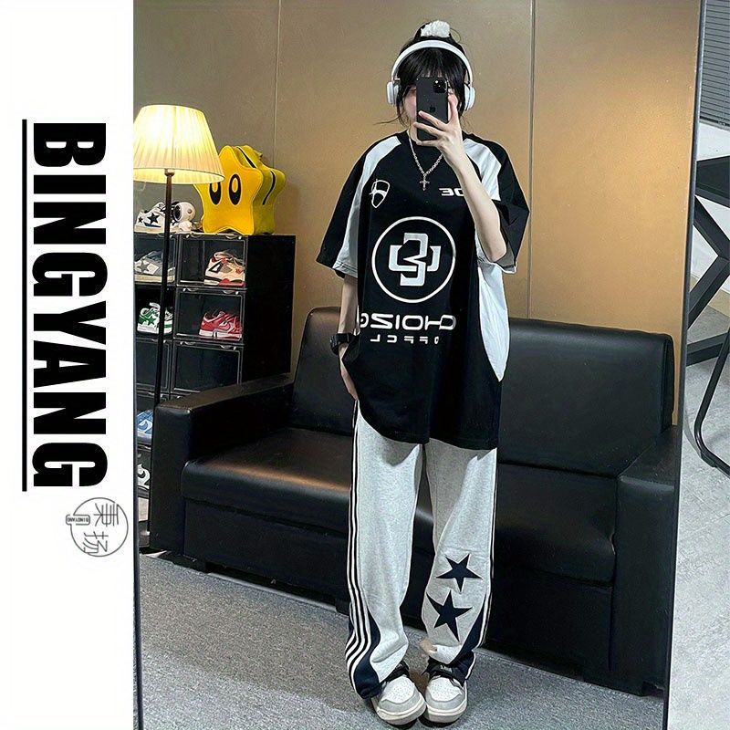 Áo Thun Ngắn Tay In Hình Xe Máy + Quần Thể Thao Thời Trang Cho Nam Nữ