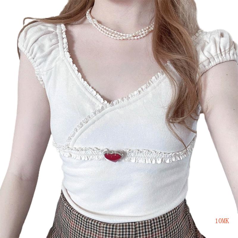 Áo Croptop Tay Ngắn Phối Bèo Thời Trang Cho Nữ