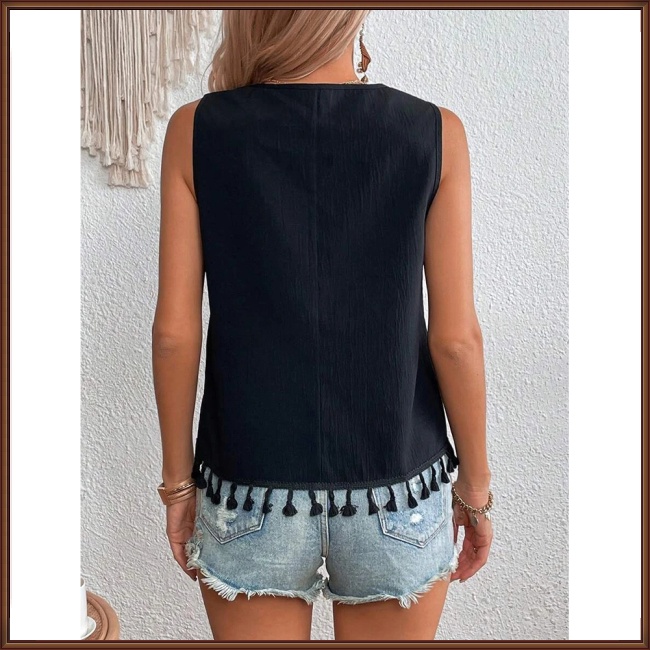 Áo Tank Top Không Tay Cổ Chữ V Viền Tua Rua Thêu Họa Tiết Phong Cách Boho Thời Trang Cho Nữ