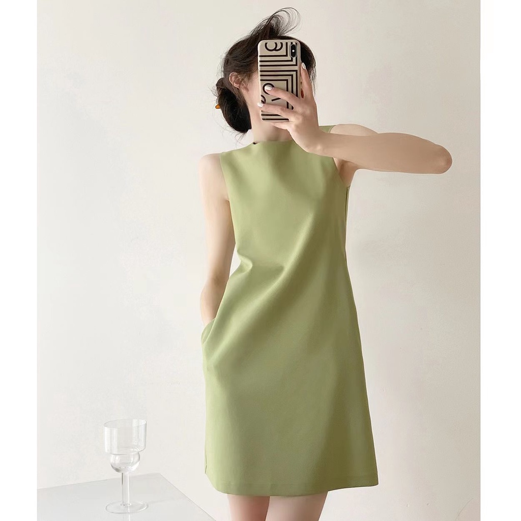Đầm Hai Dây Ngắn Màu Xanh Lá Mùa Hè Kiểu Pháp Mới Đơn Giản Cho Nữ
