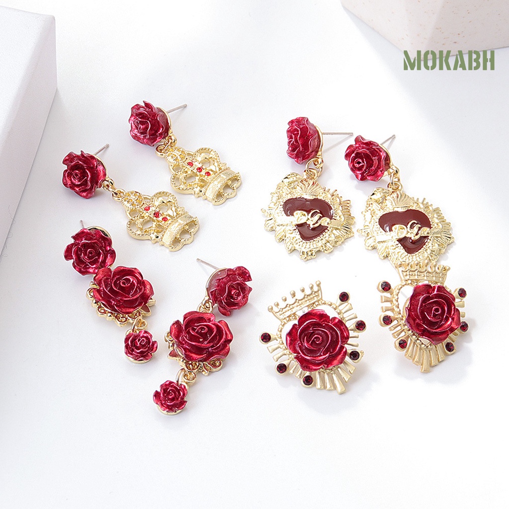 1 Đôi Bông Tai Hợp Kim Hình Hoa Hồng Đính Đá Phong Cách Retro