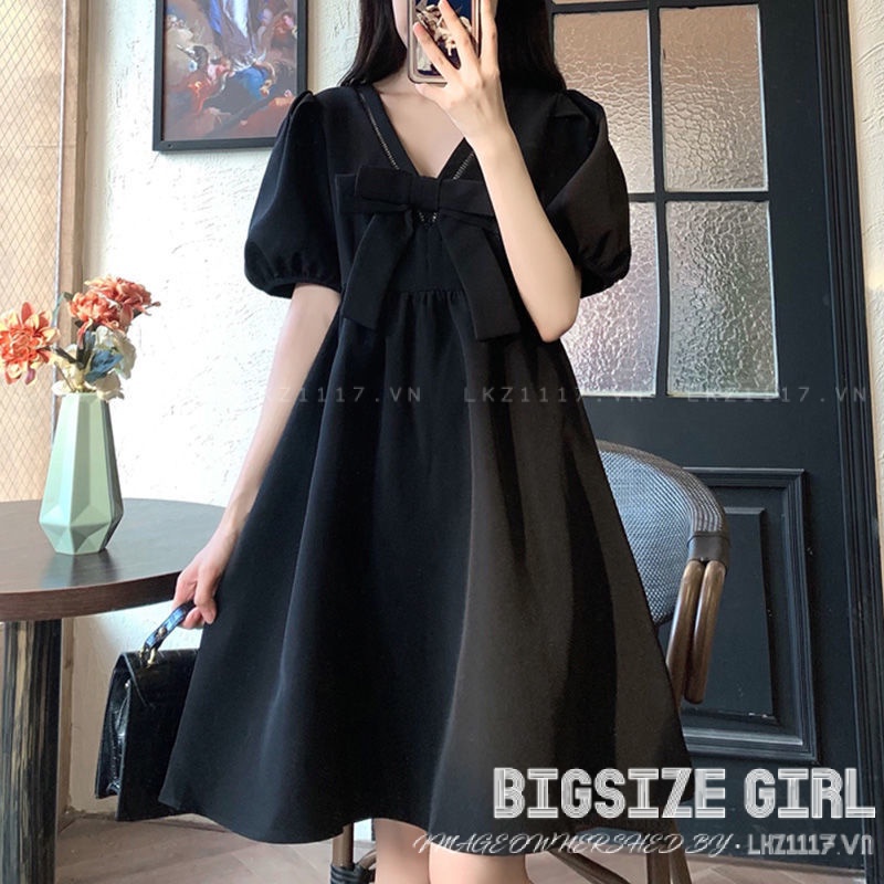 Đầm babydoll Bigsize Váy nữ dáng suông tay ngắn cổ chữ v Phối Nơ chữ a đen mùa hè Phong cách Hàn Quốc Thời Trang tiểu thư cá tính xinh đẹp cho người mập béo