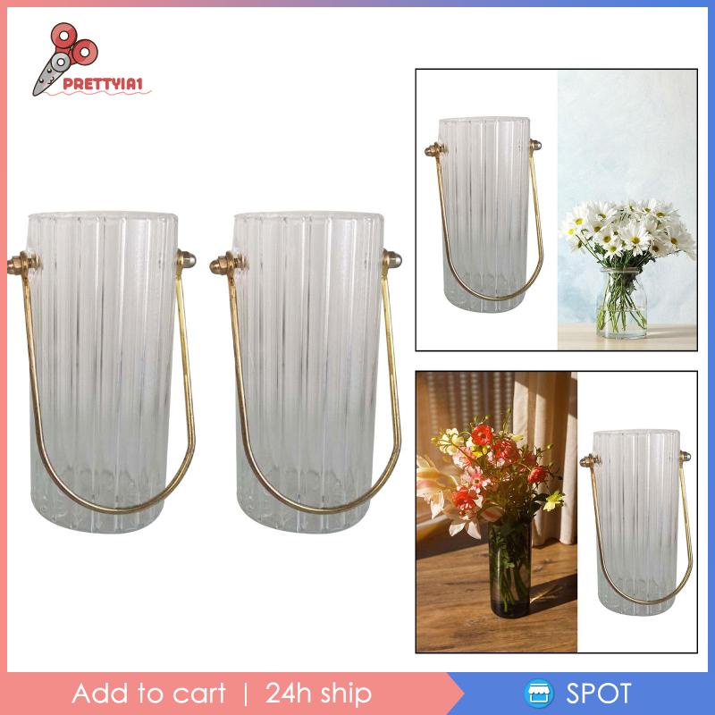 [Prettyia1] Bình Hoa Thủy Tinh Trong Suốt Hình Trụ Với Tay Cầm Kim Loại Kẻ Sọc Tròn
