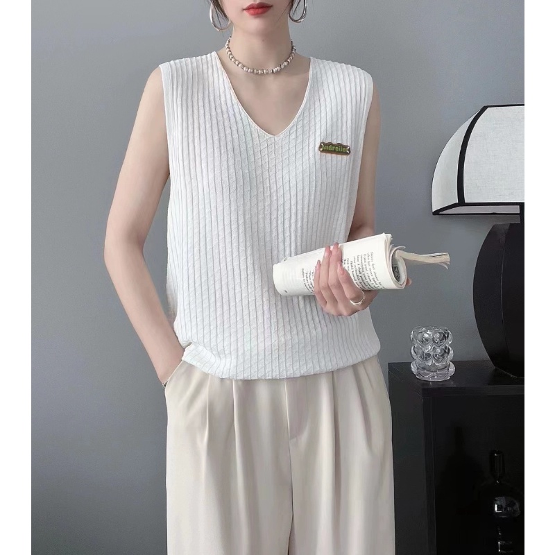 Áo Hai Dây Dệt Kim Mỏng Cổ Chữ V Đính Hạt Thời Trang Mùa Hè Cho Nữ