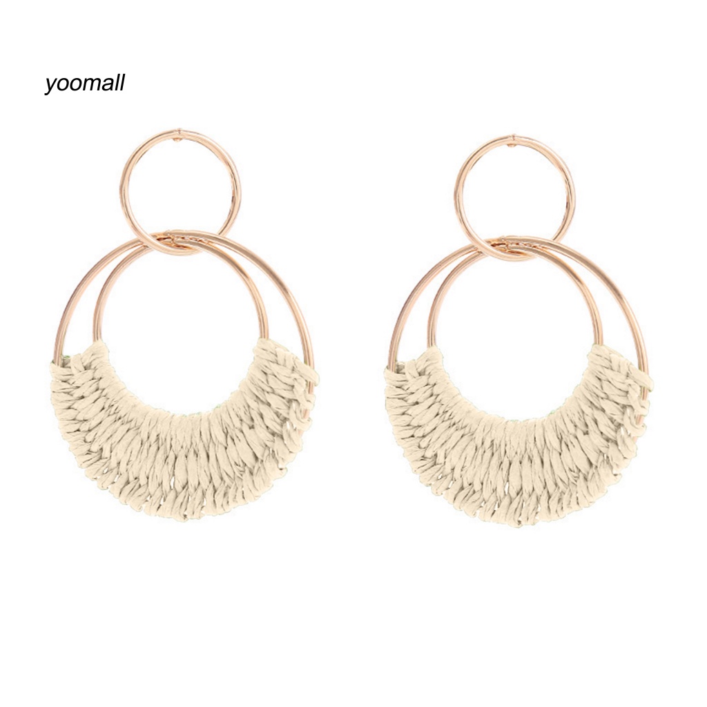1 Đôi Khuyên Tai Tròn Đan Rơm Thời Trang Đi Biển Mùa Hè