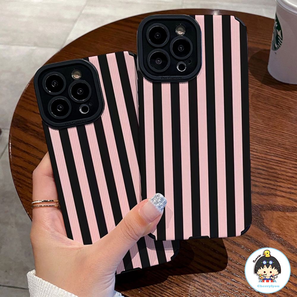 Ốp Điện Thoại Da Giả + TPU Kẻ Sọc Màu Hồng Thời Trang Cho IPhone 14 13 12 11 Pro Max X XR 8 7 Plus SE