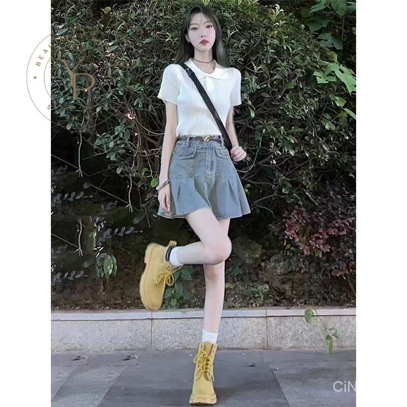 Set Áo Và Chân Váy Denim Phong Cách Hong Kong Ngọt Ngào Cho Nữ