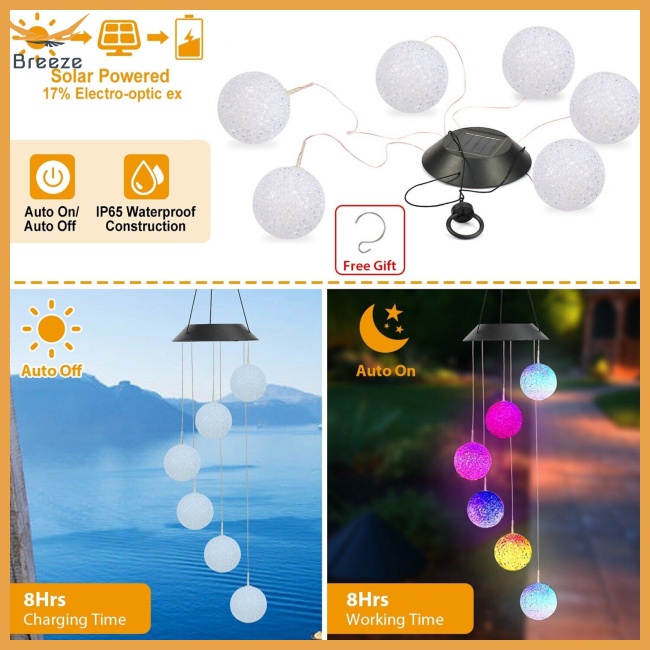 Chuông Gió Có Đèn Led Thay Đổi Màu Sắc Sử Dụng Năng Lượng Mặt Trời Kèm Móc Treo Hình Chữ S Trang Trí Sân Vườn