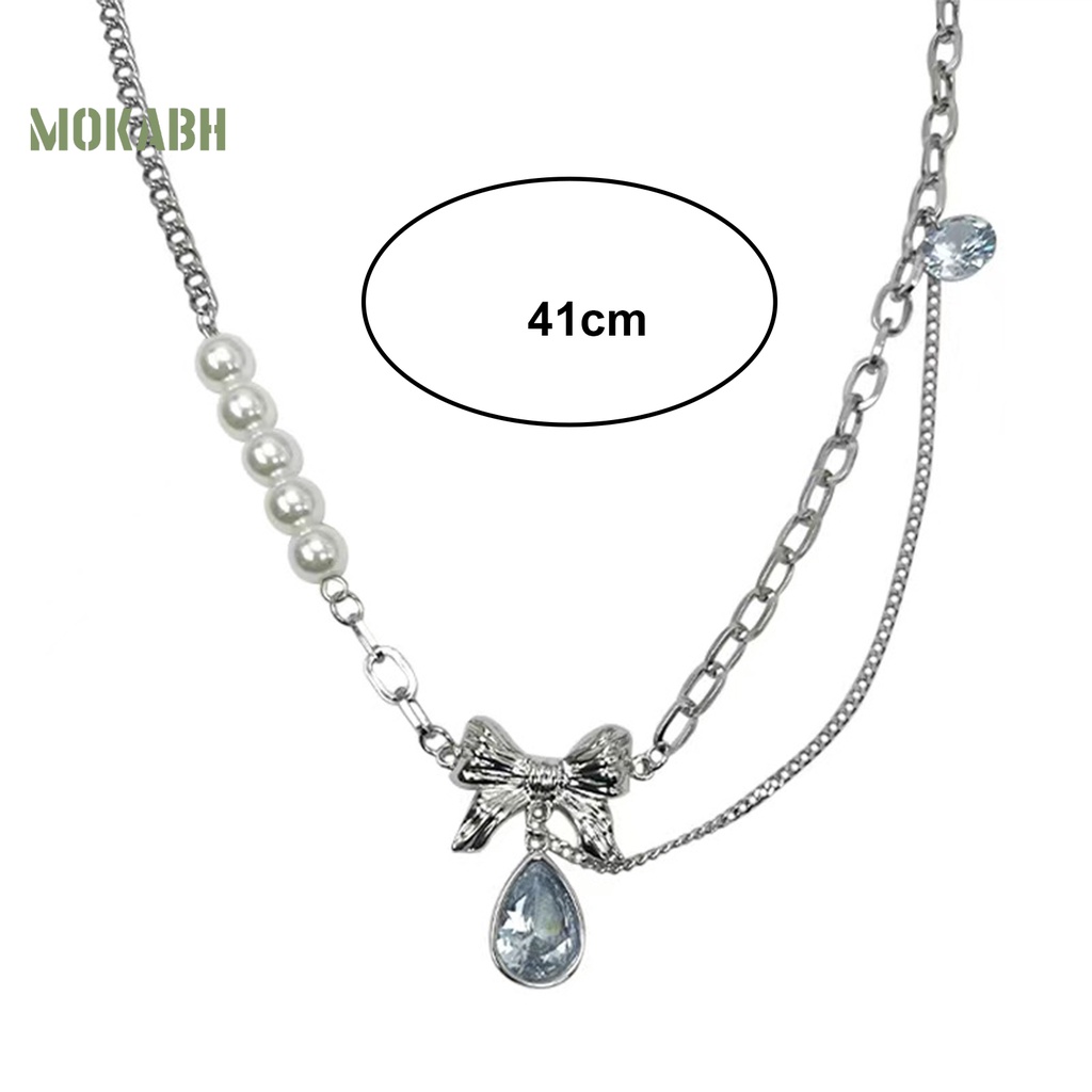 [Mok Abh] Vòng cổ Mặt Hình Nơ Đính Ngọc Trai Giả Thanh Lịch Sáng Bóng Hình Giọt Nước Trang Trí Cho Nữ