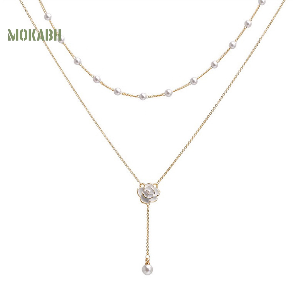 [Mok] Vòng cổ Hai Lớp Mạ Điện Mặt Hình Bông Hoa Đính Ngọc Trai Nhân Tạo Có Thể Điều Chỉnh Kích Thước