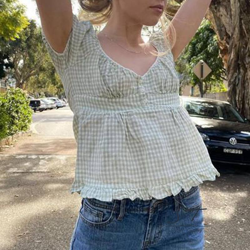 Áo Thun Crop Top Tay Ngắn Cổ Vuông Phối Ren Hoa Phong Cách Hawaii CY03-Kawai Grunge Y2K