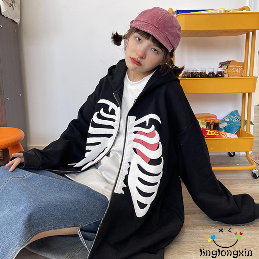 Áo Hoodie Linglongxi2 Tay Dài Dáng Rộng In Họa Tiết Trái Tim Và Bộ Xương Có Khóa Kéo Đầy Đủ