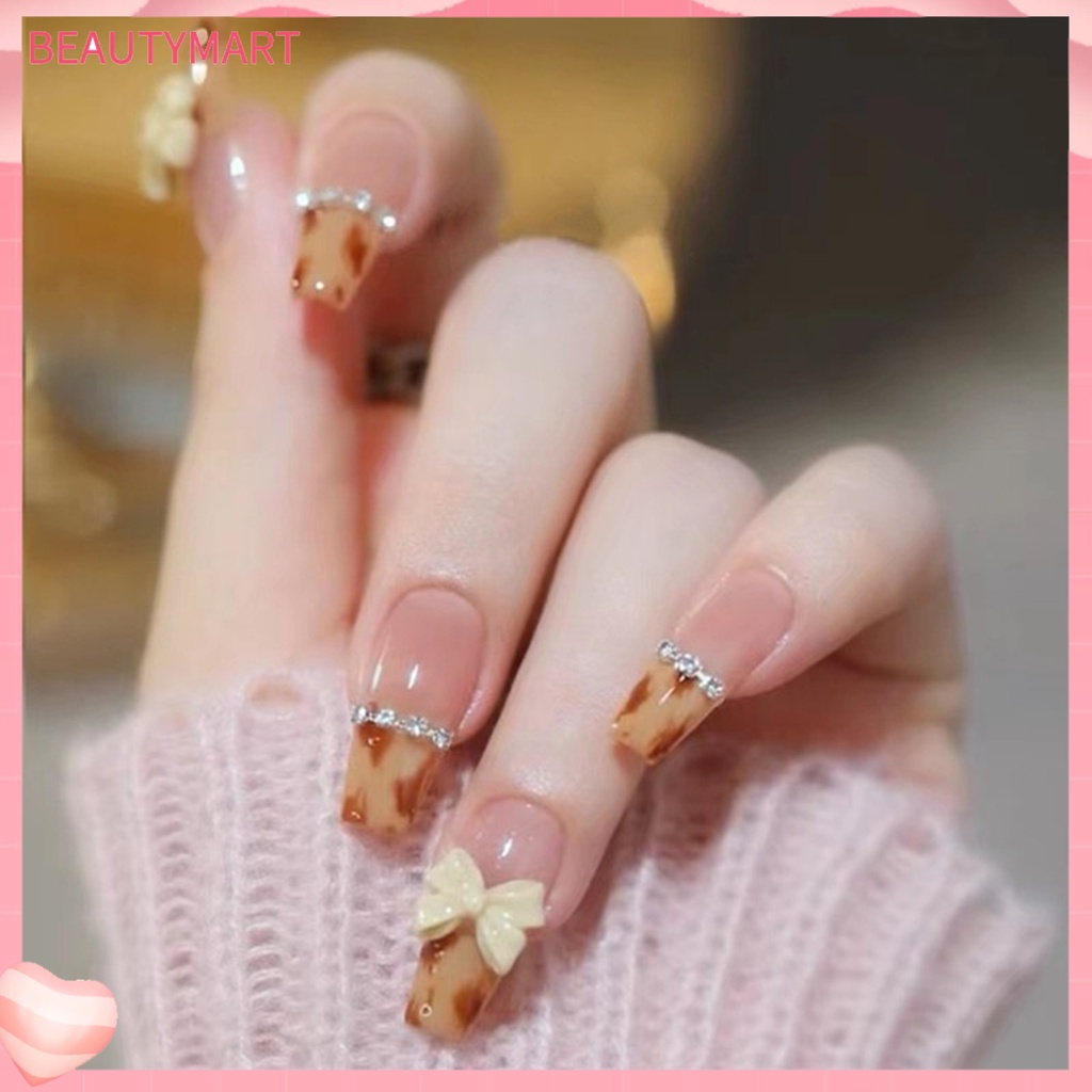 1 Bộ Móng Tay Giả Hình Nơ Họa Tiết Da Báo Dễ Tẩy Trang Diy