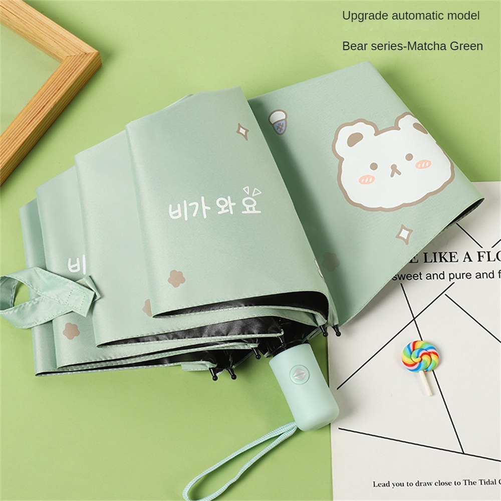 Phim Hoạt Hình Thời Trang Ô Gấp Tự Động Di Động Mini Mưa Bóng UV Cao Su Màu Đen Túi Dù Cao Cấp.