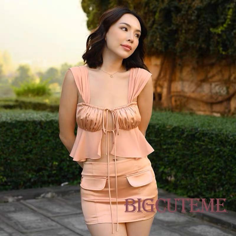 Bộ Áo Tank Top Cổ Vuông + Chân Váy Ôm Mini Màu Trơn Thời Trang Mùa Hè Xinh Xắn Cho Nữ