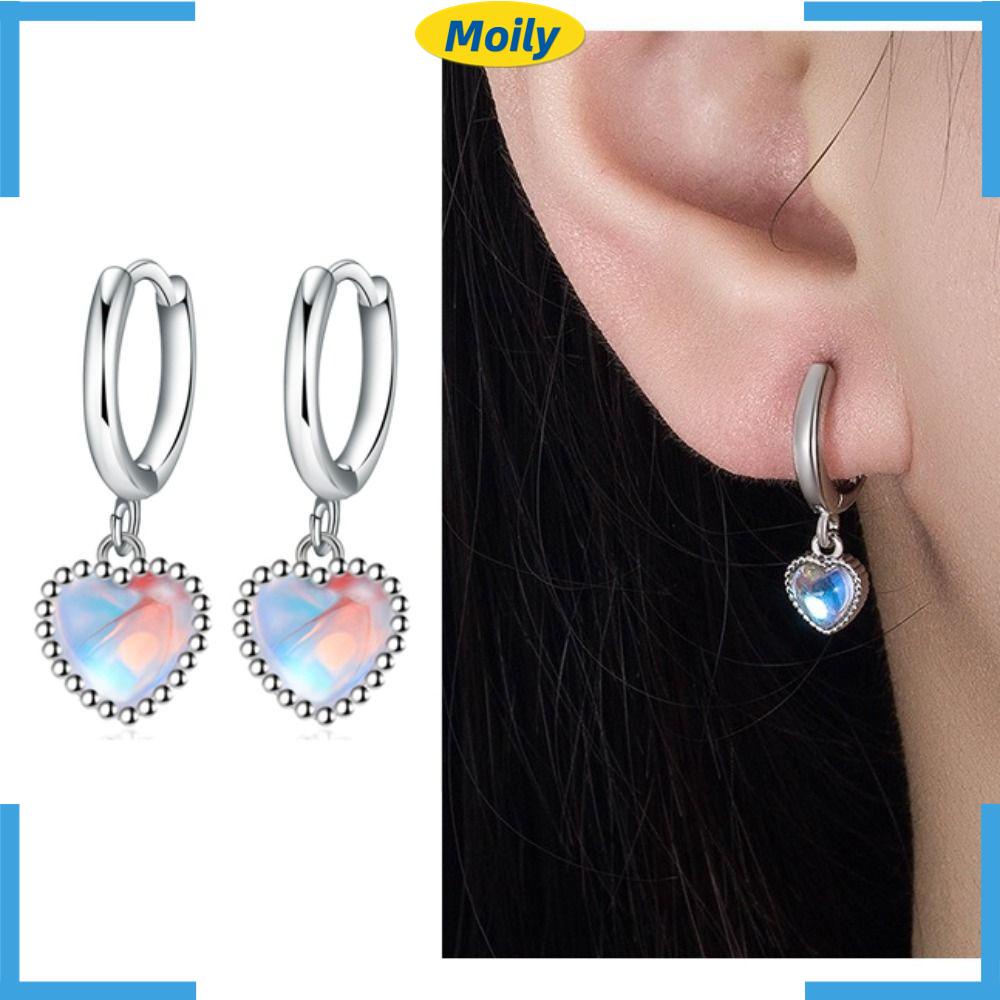 MOILYVN Bộ 2 Bông Tai Hình Trái Tim Đính Đá Mặt Trăng Màu Bạc Thời Trang Cho Nữ