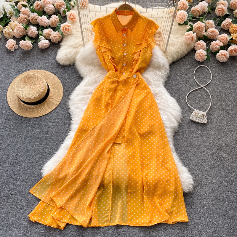 Đầm Ngắn Tay Phối Bèo Nhún Thiết Kế Bất Đối Xứng Phong Cách Pháp Cổ Điển Thời Trang Cho Nữ