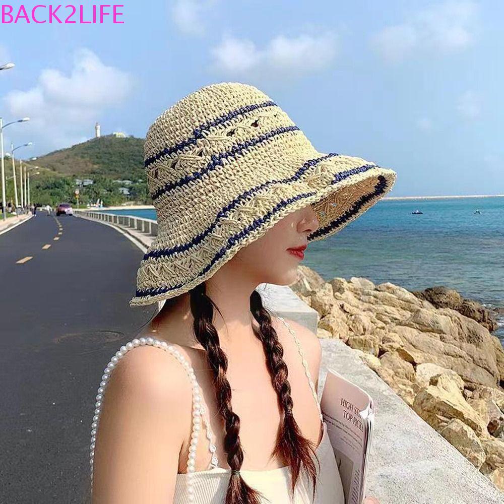BACK2LIFE Nón Tai Bèo Đan Cói Rộng Vành Thoáng Khí Họa Tiết Kẻ Sọc Phong Cách Pháp Thời Trang Mùa Hè