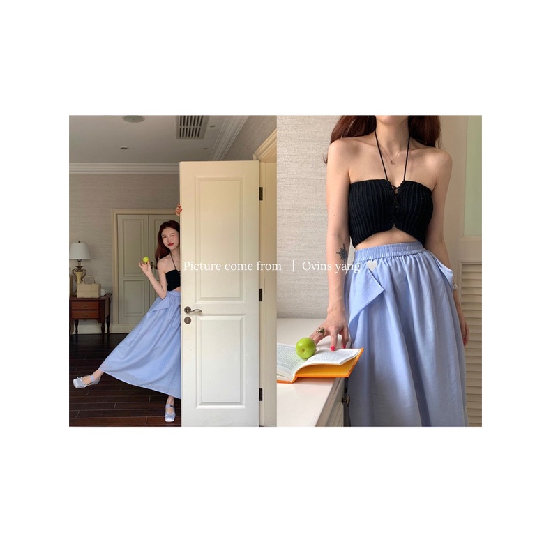 Set croptop đen dây yếm đan dây +chân váy xanh xoè💖 KÈM ẢNH THẬT