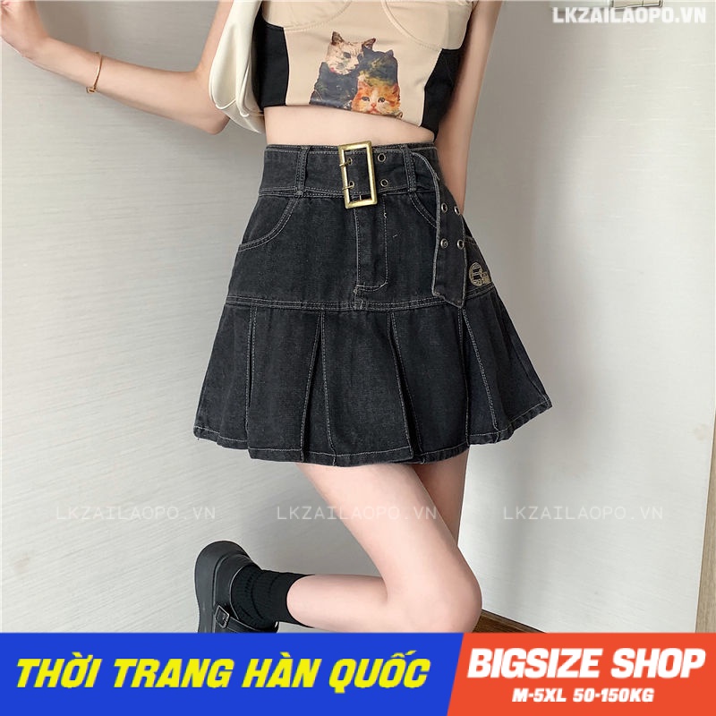Chân váy denim nữ chân váy jeans bò nữ Bigsize chân váy nữ lưng cao cạp cao chữ a xếp ly mùa hè Phong cách Hàn Quốc Thời Trang tiểu thư cá tính xinh đẹp cho người mập béo