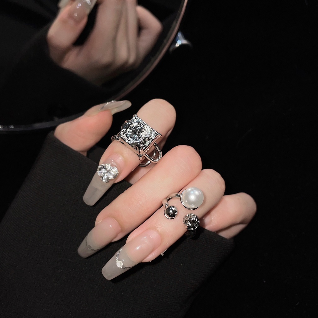 Nhẫn Hở Xếp Ly Đính Ngọc Trai Hình Vuông Thiết Kế Sáng Tạo Thời Trang Cá Tính Cho Nữ