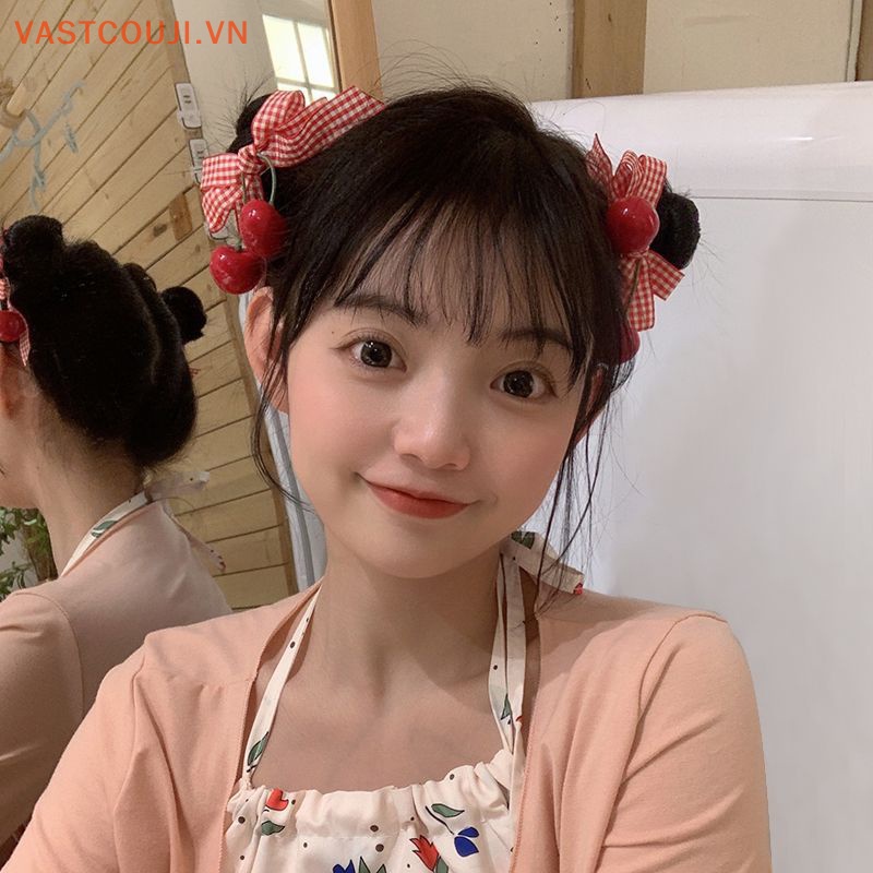 1 Cặp Kẹp Tóc Hình Quả Cherry Đỏ Phối Ren Hai Lớp Phong Cách Lolita
