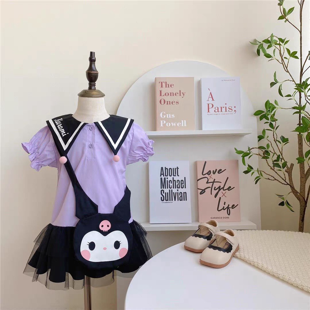 Đầm Tay Ngắn Phồng Cổ Thủy Thủ In Hoạt Hình Kuromi Kiểu Nhật Bản Thời Trang Mùa Hè Cho Bé Gái