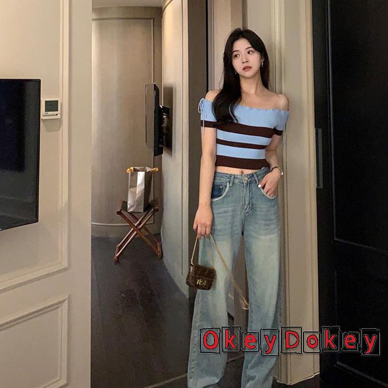 Áo Thun Crop Top Dệt Kim Trễ Vai Tay Ngắn Họa Tiết Kẻ Sọc Cho Nữ