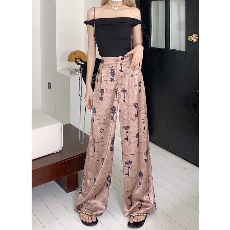 Quần Dài Vải Satin Ống Rộng Lưng Cao In Họa Tiết Vintage Thời Trang Mùa Hè Cho Nữ