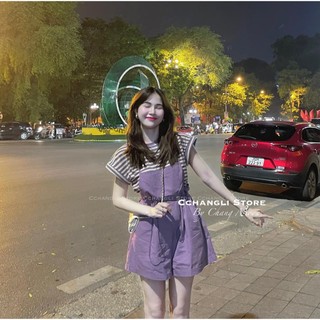 Set Bộ Yếm Quần Nữ Quần Yếm Nữ Rút Dây Eo Mãu Tím Mix Áo Phông Kẻ Ngang Cùng Tone Freesize