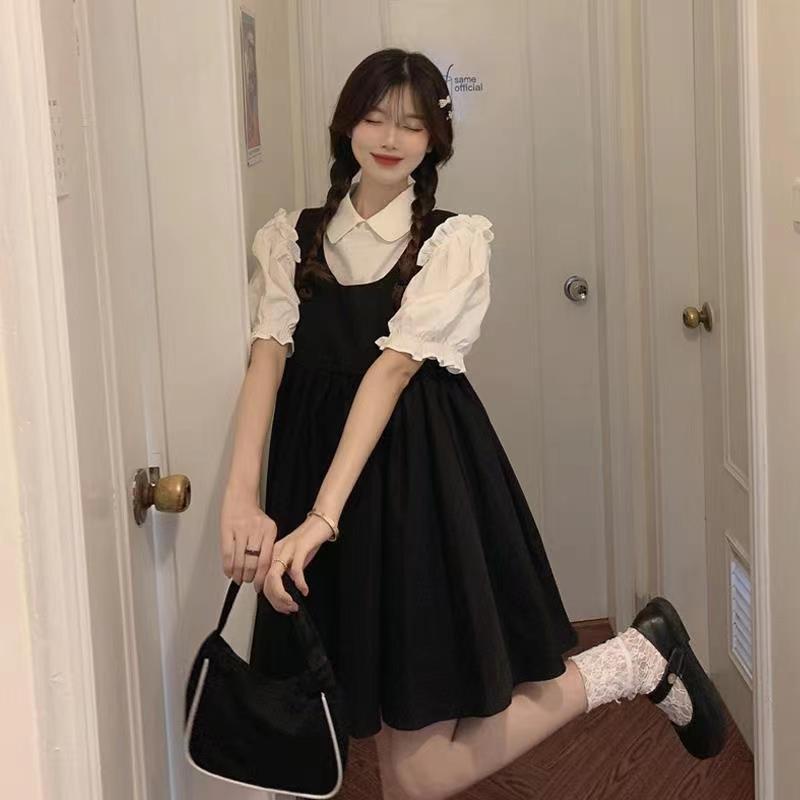Set Áo Tay Ngắn Phồng + Chân Váy Chữ A Phong Cách Hàn Quốc Dành Cho Nữ