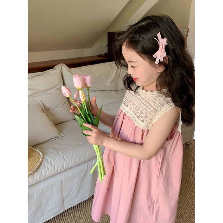 Đầm Công Chúa Mùa Hè Không Tay Thêu Ren Trắng Hồng Phong Cách Hàn Quốc Cho Bé Gái 5 Tuổi