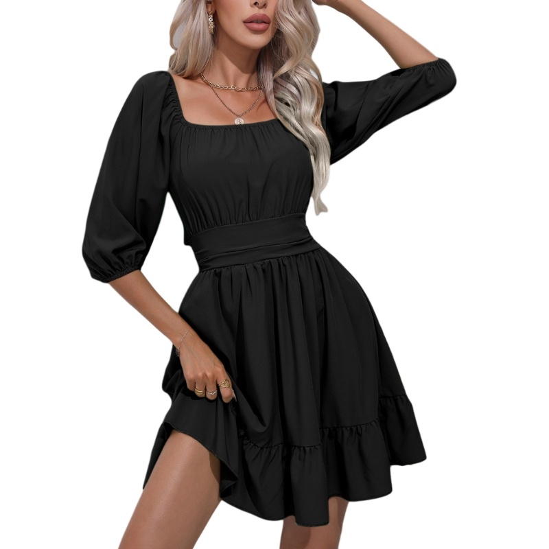 Đầm Ngắn Dáng Chữ A Tay Ngắn Phồng Cổ Vuông Hở Lưng Phối Bèo Eo Co Giãn Cho Nữ