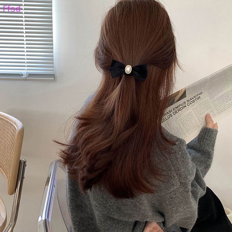 {Ffsd} Dây Buộc Tóc Cao Su Nhung Đen Đính Ngọc Trai Siêu Co Giãn Đơn Giản Cá Tính