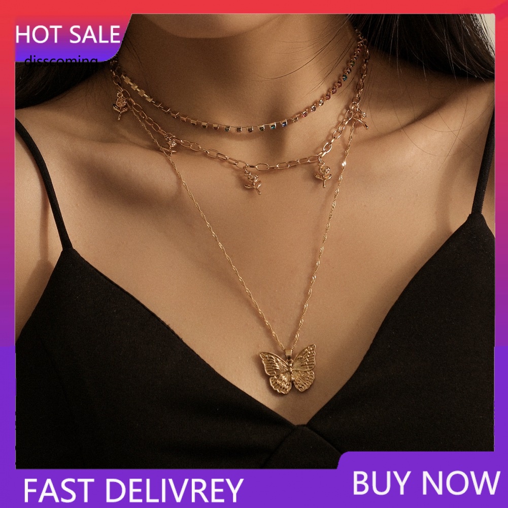 Áo Thun In Hình SL SL SL Thời Trang Năng Động| Vòng cổ Nhiều Lớp Hình Hoa Hồng Và Bướm Đính Kim Cương Nhân Tạo Nhiều Màu Sắc Lãng Mạn Thời Trang Cho Nữ