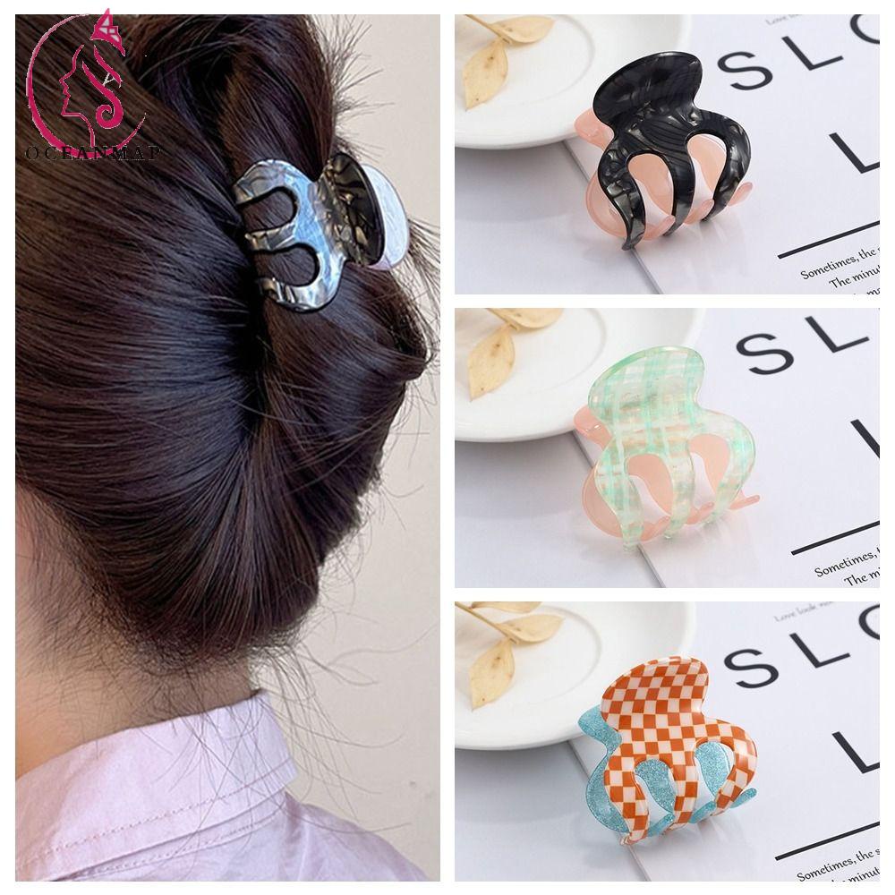 OCEANMAP Kẹp Tóc Càng Cua Họa Tiết Kẻ Ô Đơn Giản Bằng Acrylic Màu Xanh Lá / Hồng Dành Cho Bạn Nữ